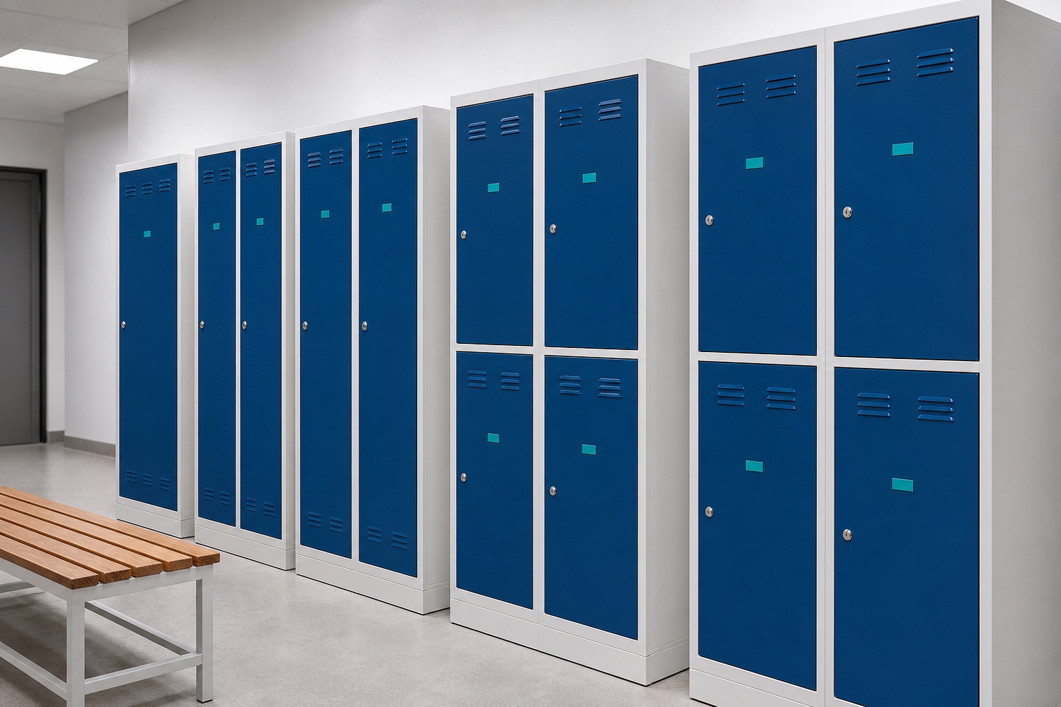 Illustrated visualisation of steel staff and hospital lockers — not a photograph of a VERO installation.