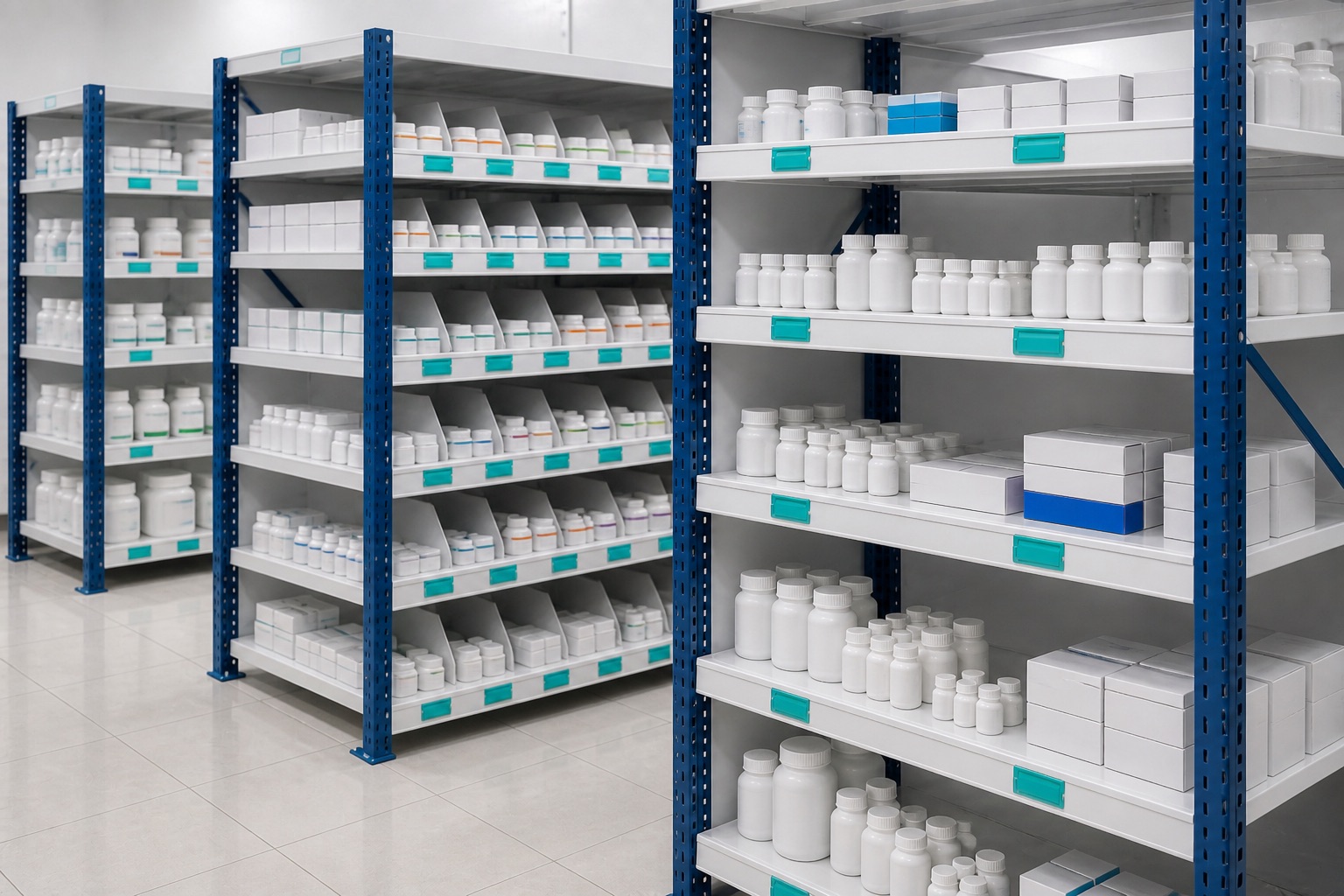 Illustrated visualisation of Pharmacy Racks — not a photograph of a VERO product or installation.
