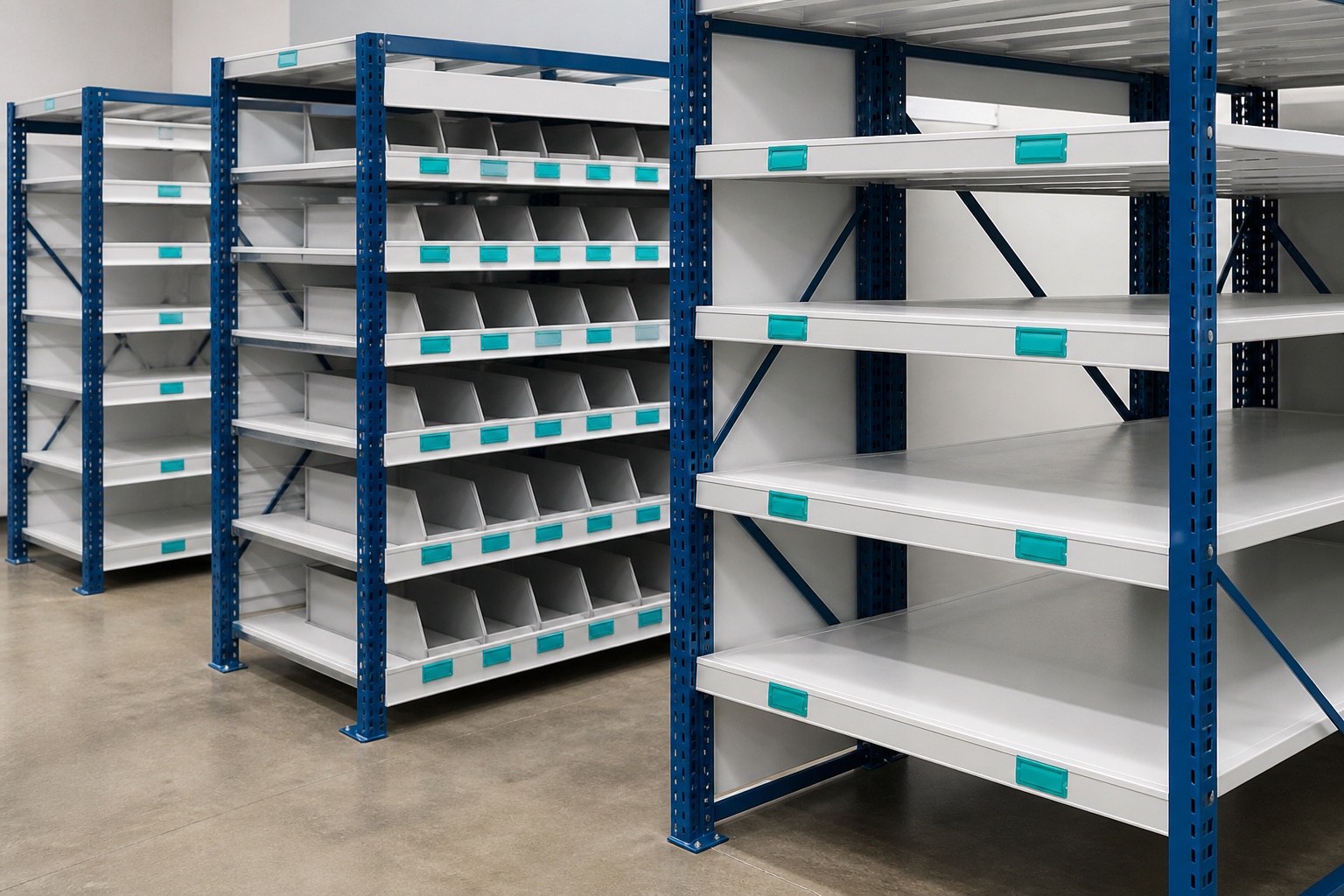 Illustrated visualisation of steel racks and shelving in a factory showroom — not a photograph of a VERO installation.